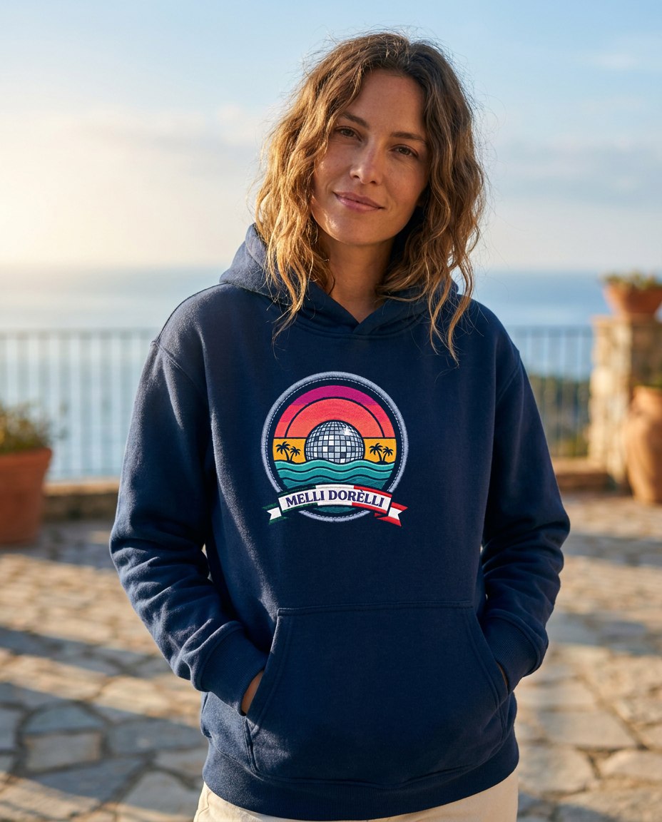 Melli Dorèlli — hoodie with disco ball patch, navy