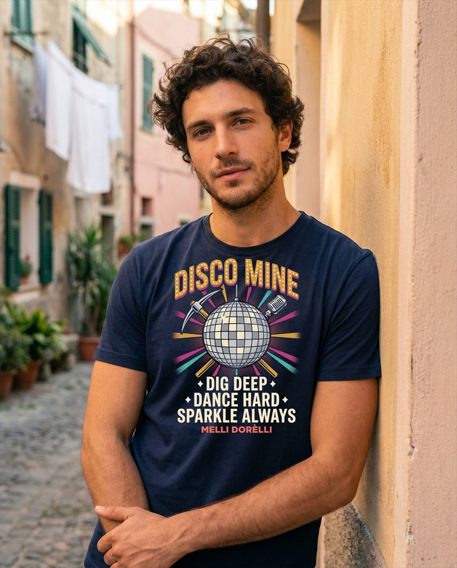 Melli Dorèlli — Disco Mine tee, Dig Deep Dance Hard Sparkle Always