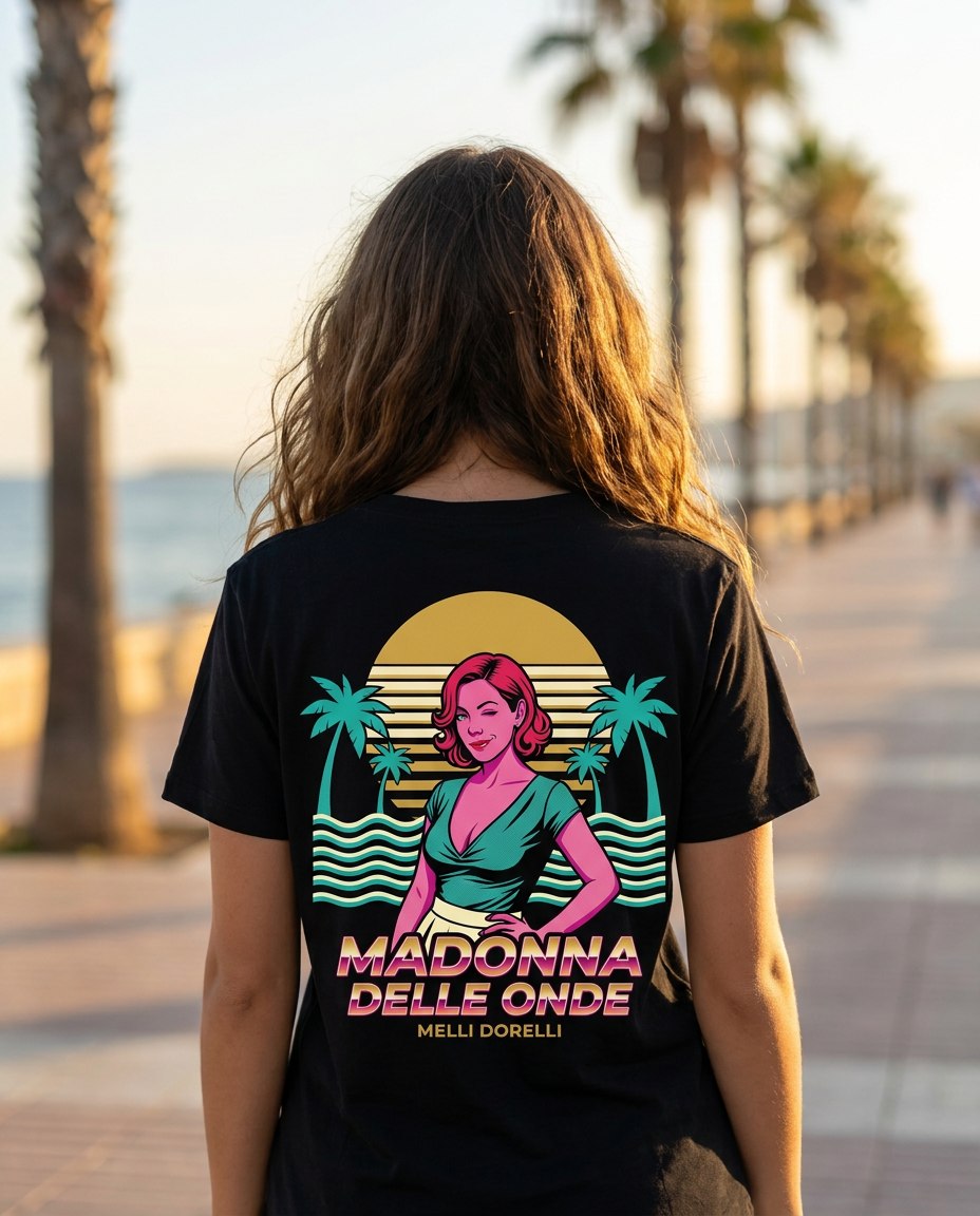 Melli Dorèlli — Madonna delle Onde tee, black, front and back